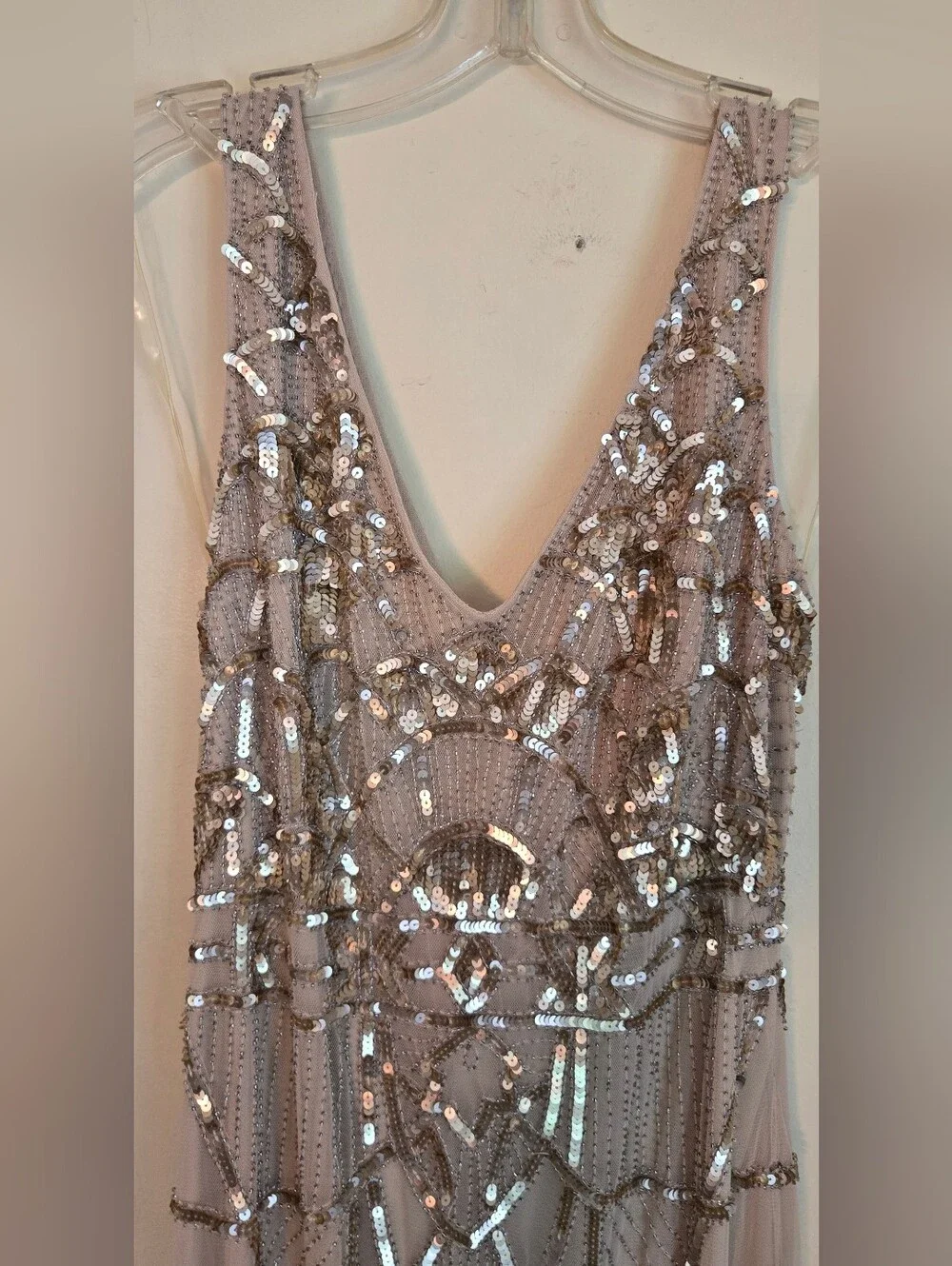 JS Collections Blush Nude Formal Maxi Dress with Gold  Sequin Beading